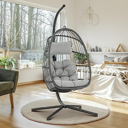 Brafab Hanging Egg Chair with Stand and Footrest, Wicker Egg Swing Chair Indoor Outdoor Aluminum-Steel Frame and UV Resistant Cushion
