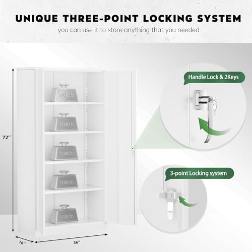 Greenvelly Steel SnapIt Storage Cabinet 72" Locking Metal Garage Storage Cabinet with 4 Adjustable Shelves, 2 Doors and Lock for File, Office, Garage