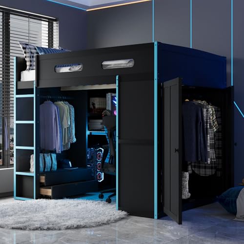 Modern Full Size Gaming Loft Bed with Built-in Desk and Storage Wardrobe, Wood Loft Bed Frame with Light Strip and 2 Drawers