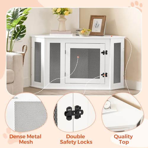 Corner Dog Crate Furniture, Wooden Dog Kennel End Table, Decorative Pet Crate Indoor Use, Furniture Style Dog House for Small Medium Dog