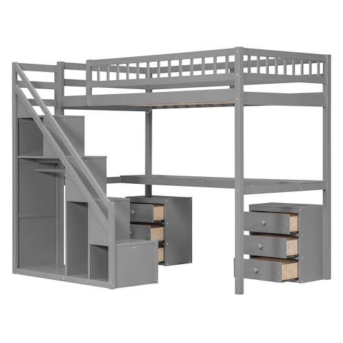 Modern Full Size Gaming Loft Bed with Built-in Desk and Storage Wardrobe, Wood Loft Bed Frame with Light Strip and 2 Drawers
