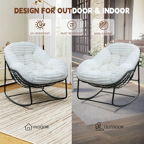 Outdoor Indoor Rocking Chair, Patio Wicker Egg Chair, Indoor & Outdoor Comfy Oversized Papasan Chair with Padded Cushion