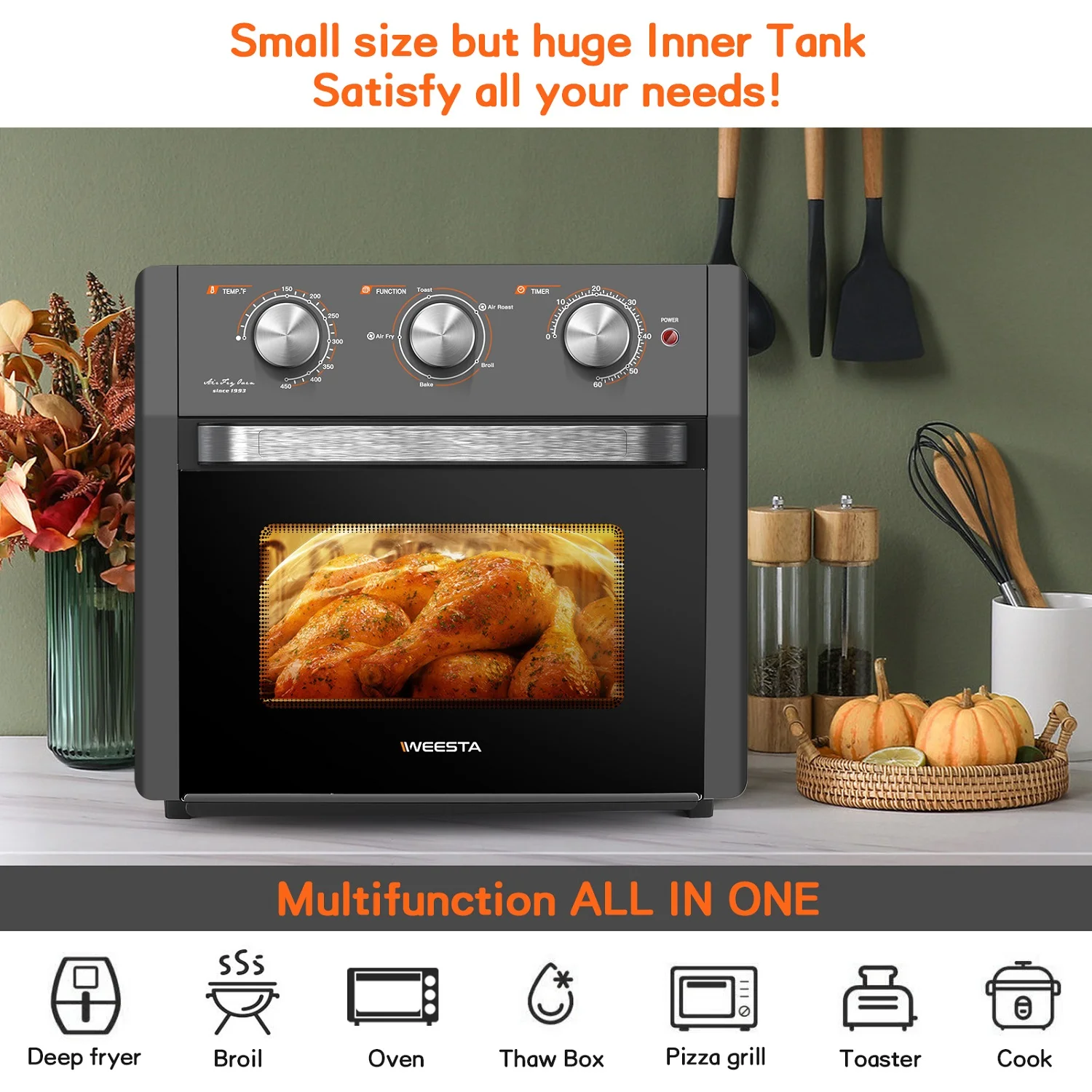 20Qt/18L Air Fryer, 1300W Large Air Fryer Toaster Oven Combo, 5 in 1 Convection Oven Countertop, Healthy Oil-Free Hot Air Fryer, Temperature Control