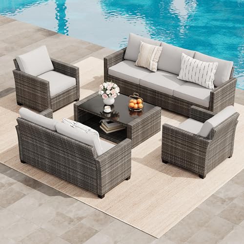 6 Piece Outdoor Patio Furniture Set with Coffee Table, Rattan Deck Conversation Sofa Set