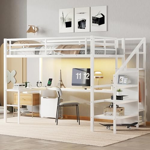 Bellemave Full Size Metal Loft Bed with L Shaped Desk and Wardrobe, Heavy Duty Loft Bed Frame with Storage Stairs