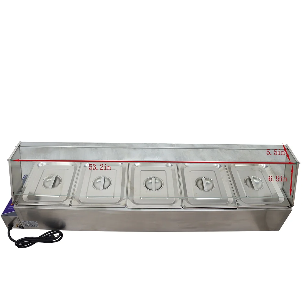 TECHTONGDA Buffet Food Warmer Stainless Steel Bain Marie Buffet Countertop 5 Pan Electric Steam Heater 6"Deep with Glass Shield