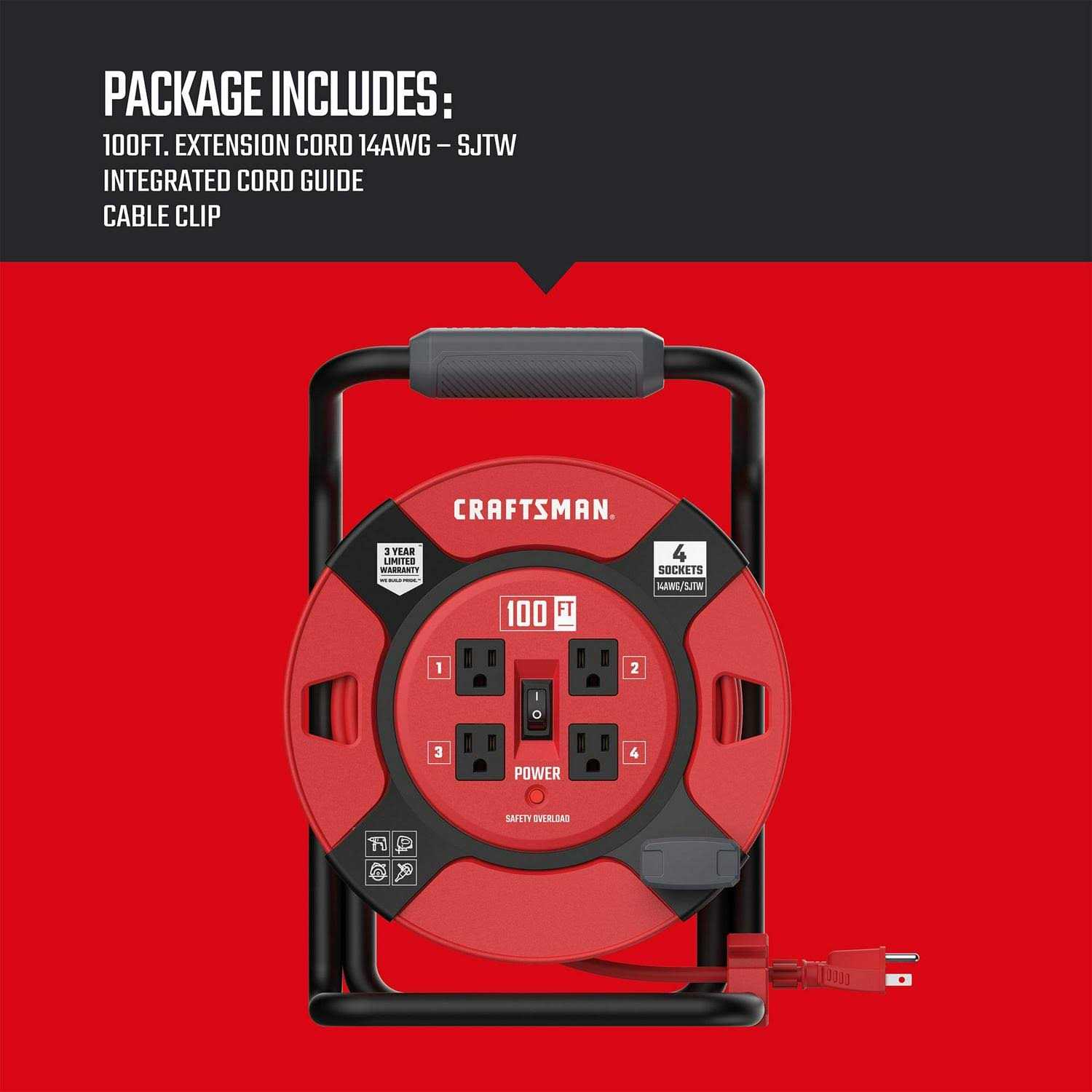 Craftsman Heavy Duty Retractable Extension Cord 100 ft with 4 Outlets - Shop Hardware Tools Online Store