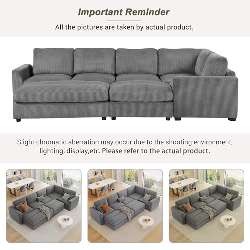 Merax 121.3" Sectional Corduroy Sofa Bed, L-Shape & U-Shape 7 Seat Deep Seating Modular Soft Couch with Two Movable Ottomans for Living Room, Gray