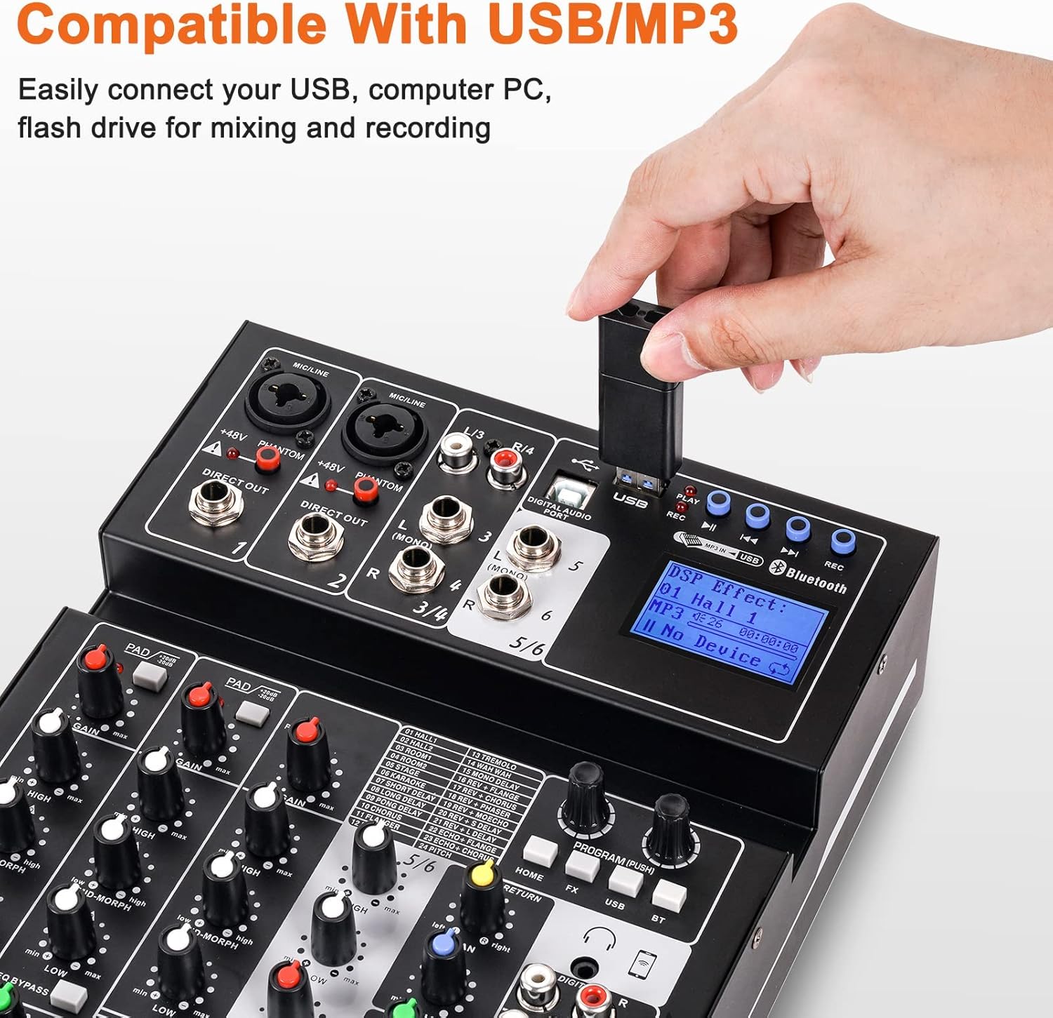 Audio Mixer Sound Board Console 6 Channel Sound Mixer Support Digital USB MP3 Computer Wireless Input with 48V Phantom Power for Professional and