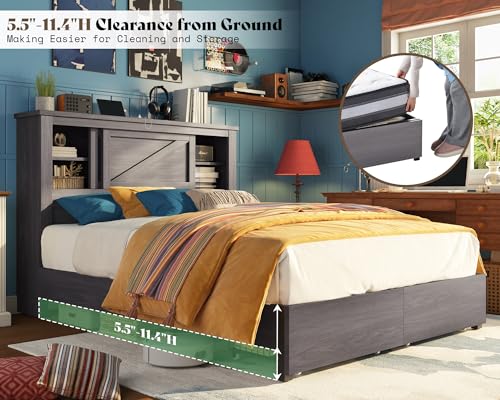 AMERLIFE 47.2" H King Bed Frame with Hidden Space Bookcase Headboard and Charging Station, Beds with 2 Storage Drawers and Wood Slats