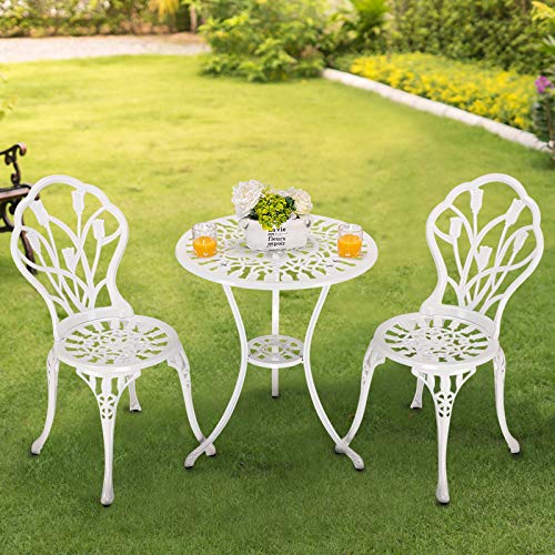 HOMEFUN Bistro Table and Chairs Set of 2 Outdoor 3 Piece Patio Set, Rose Pattern Cast Aluminum Bistro for Garden Balcony