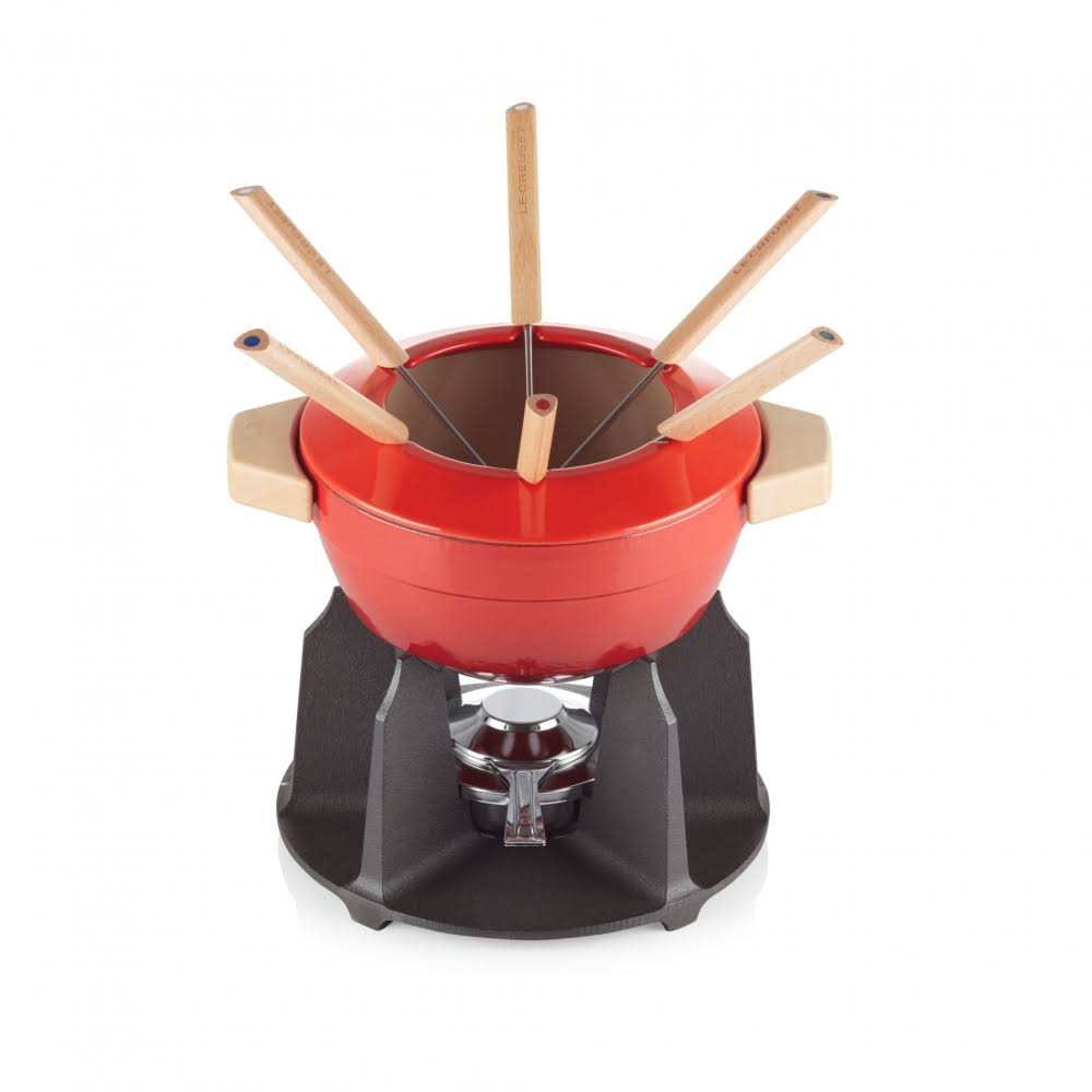 Le Creuset Cast Iron Fondue Set with Wooden Handle Cerise