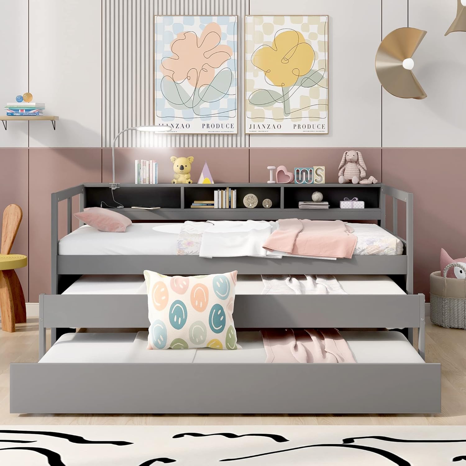 Bellemave Twin XL Daybed with 2 Trundle Beds Wood Platform Bed with Storage Headboard
