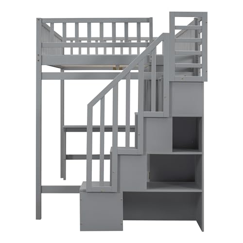 Twin Loft Bed with Staircase, Desk and Wardrobe, Wood Loft Bed with Storage Shelves and Safety Guardrail