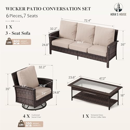 HERA'S HOUSE High Back Patio Furniture Set with Swivel Chairs, Outdoor Wicker Conversation Sets with 5.5" Comfy Cushions, 4 Piece Outside Sofa Sets