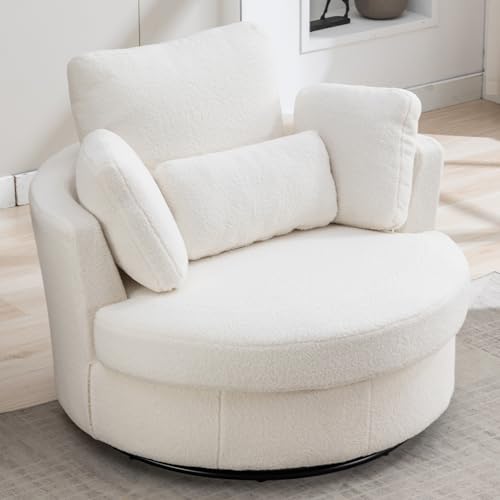 Aoiy & Wifon 42.2" W Oversized Swivel Barrel Chair with Ottoman, Upholstered Round Accent Chair with Storage Ottoman, Chenille, Beige