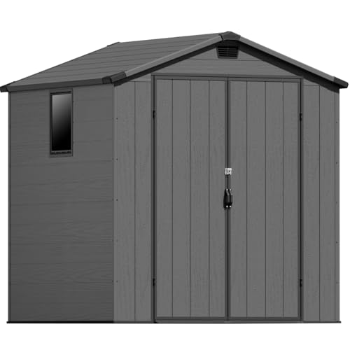 Patiowell 6 x 8 FT Plastic Outdoor Storage Shed with Floor, Resin Outside Tool Shed with Two Windows and Lockable Easy to Install, Door for Garden