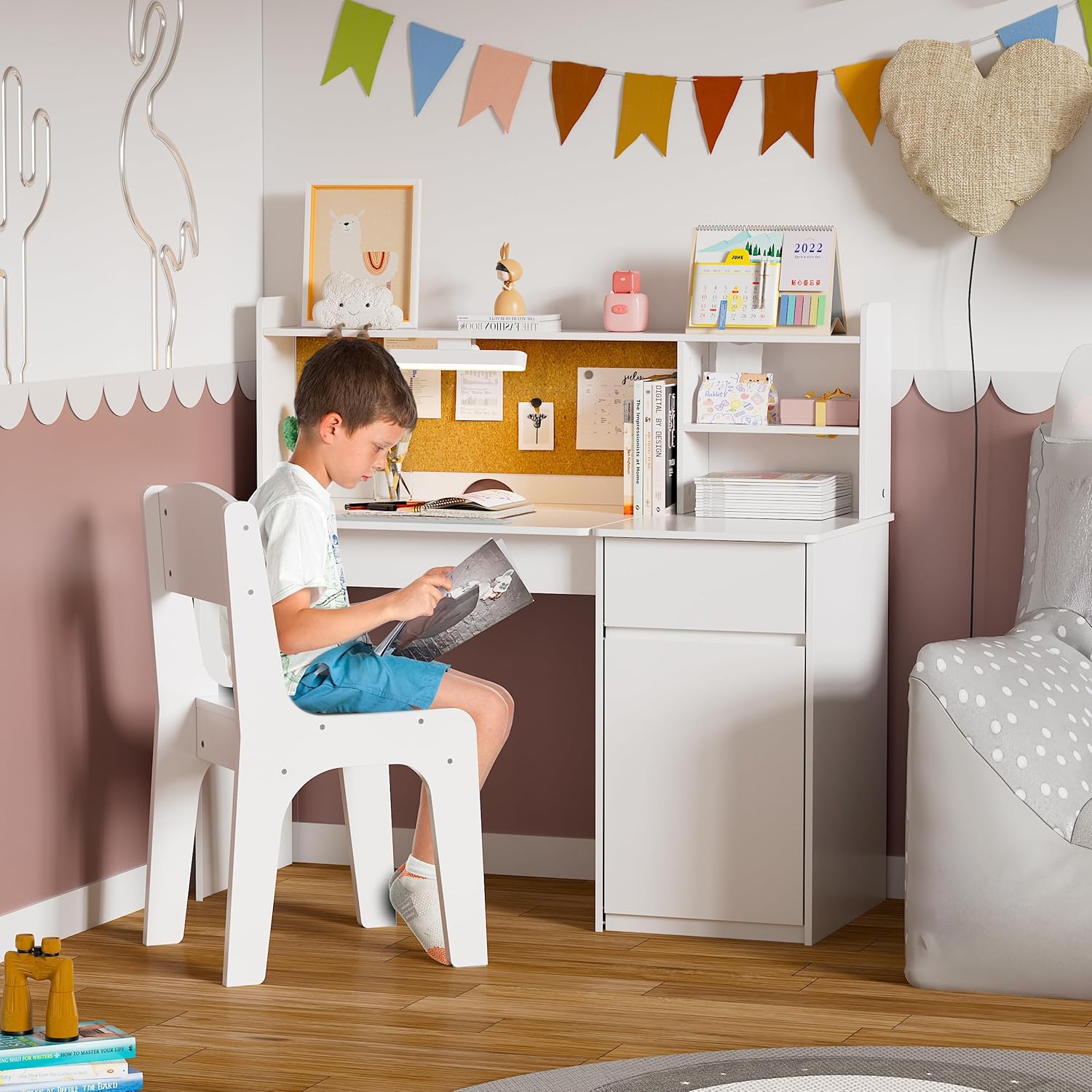 PAKASEPT Kids Desk and Chair Set,Kids Study Desk with 3-Color Lights,Tiltable Desktop,Multi Functional Study Table for Kids 5-12