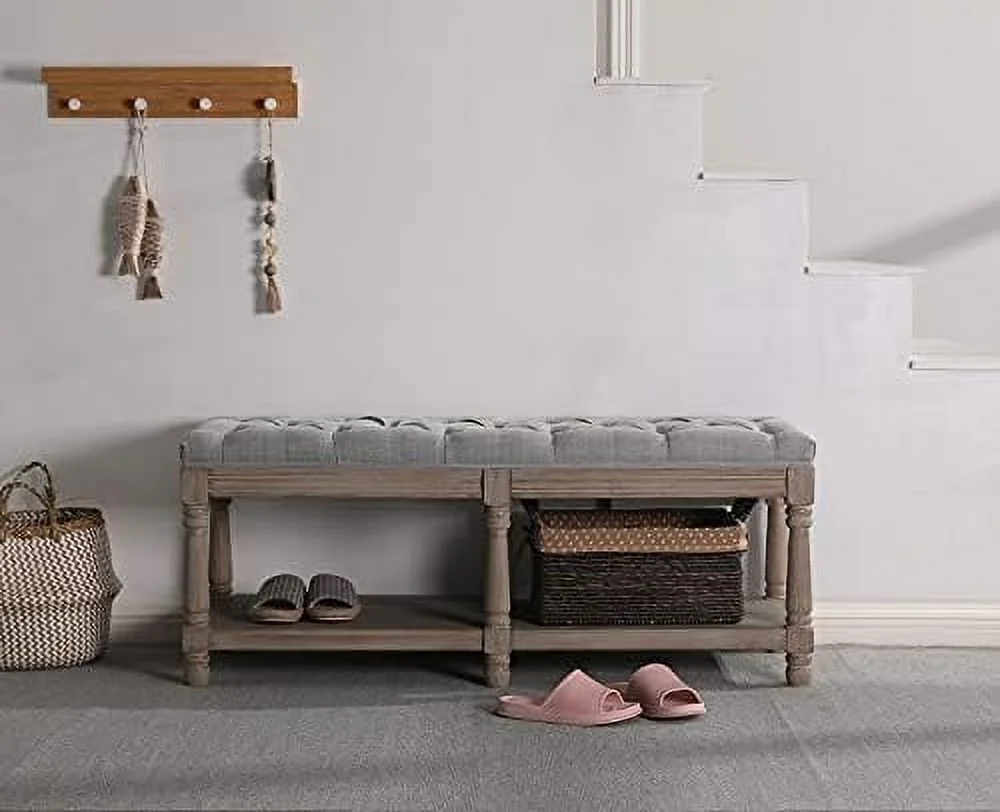 YPZBBOOM Entryway Bench Tufted Shoe Rack Bench Wood Window Bench for Hallway Entrance Bedroom Corner-1 Seat  Gray