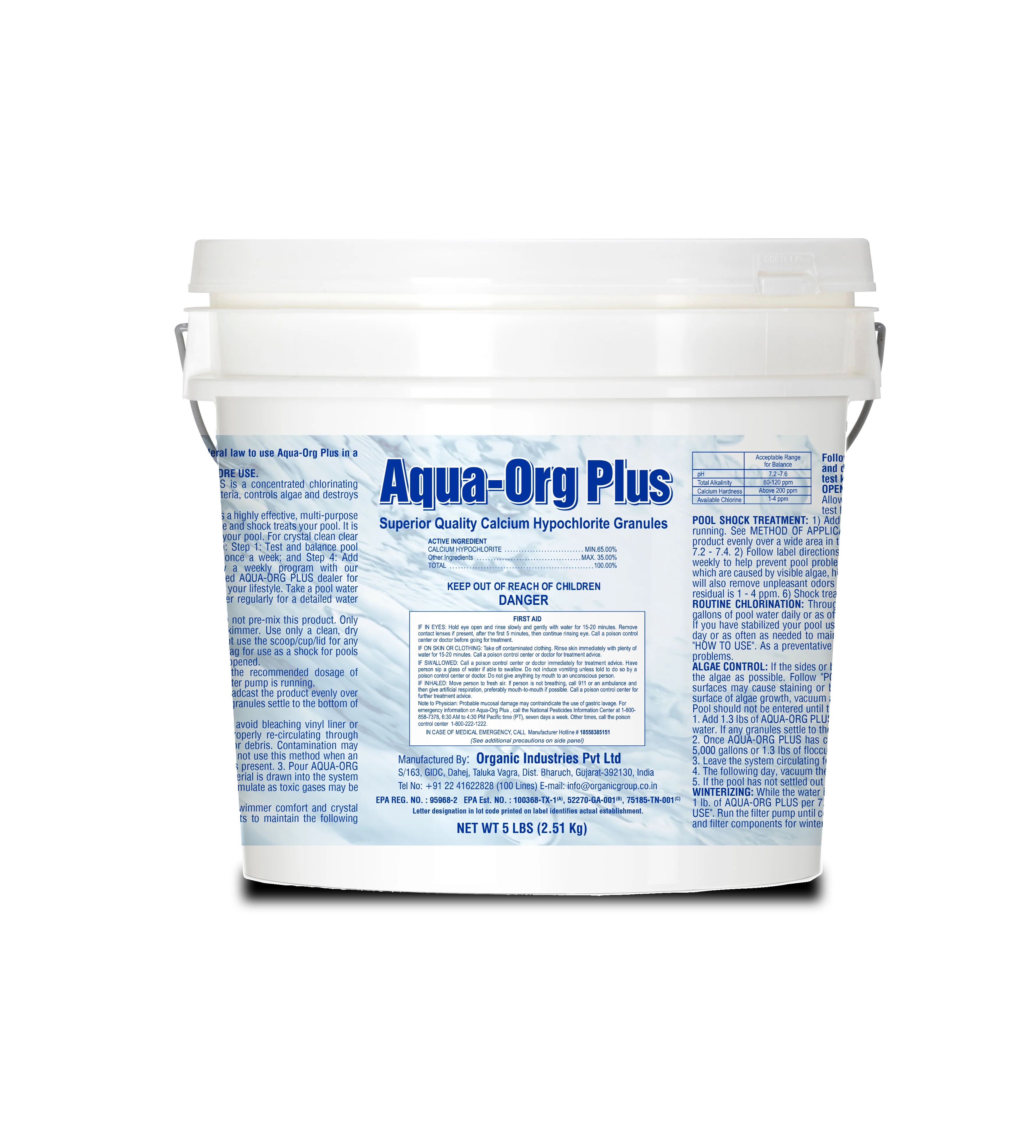 Aqua-Org Plus - Granular Calcium Hypochlorite 65% Pool Shock for Swimming Pools, Spas and Hot Tubs (55 Pound) RCHO65EUPPSP055 - Radiant Selections