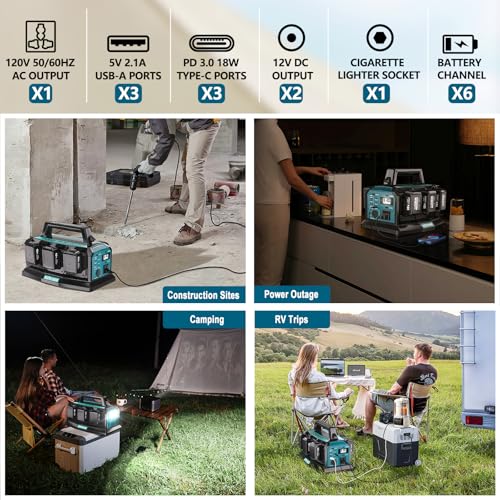 2-in-1 Portable Inverter Charger, 1200W Pure Sine Wave Inverter & 6A Rapid Charger for Makita 18V Battery, 6-Port DC to AC 120V Converter