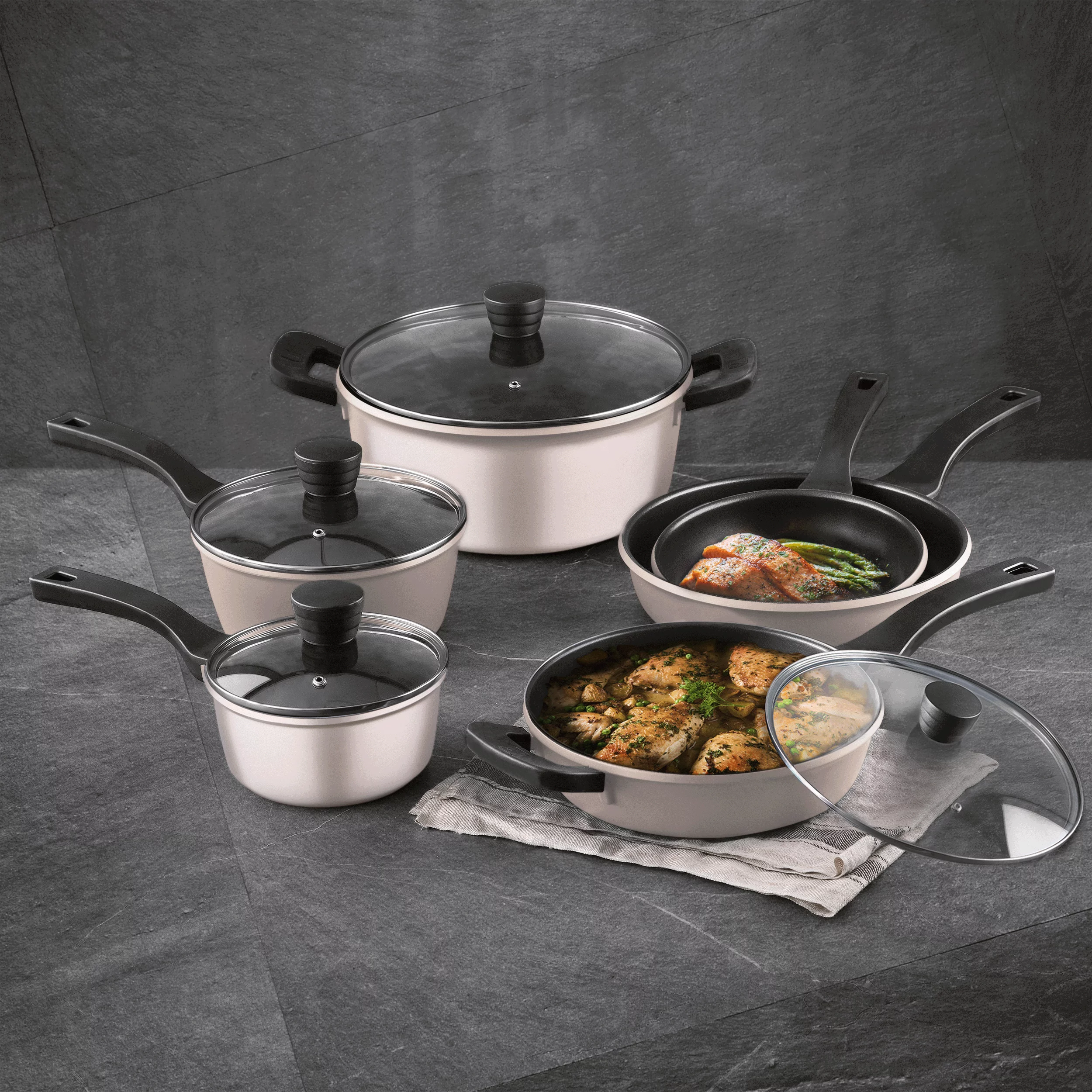 Retro by Bergner - 10 Pc Non Stick Cast Aluminum Pots and Pans Cookware Set, 10 Pieces, Champagne