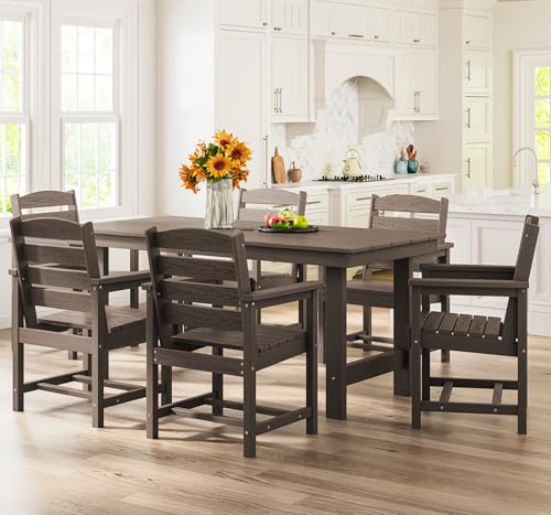 SERWALL Outdoor HDPE Dining Table Set, 7-Piece Outdoor Dining Table Sets with Umbrella Hole Cut-Out Table and 6 Chairs, Gray