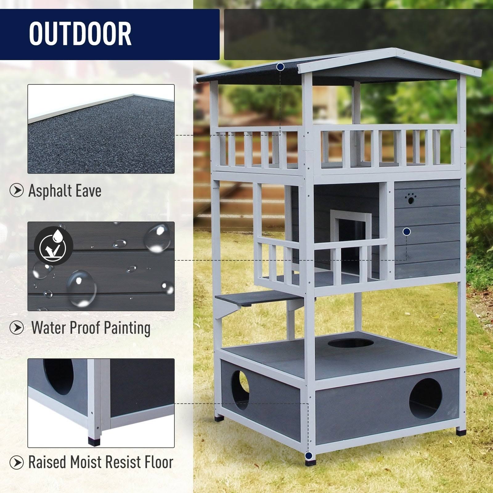 Pawhut Outdoor Solid Wood 4-Floor Cat Condo Pet Villa with Litter Box Space - Gray