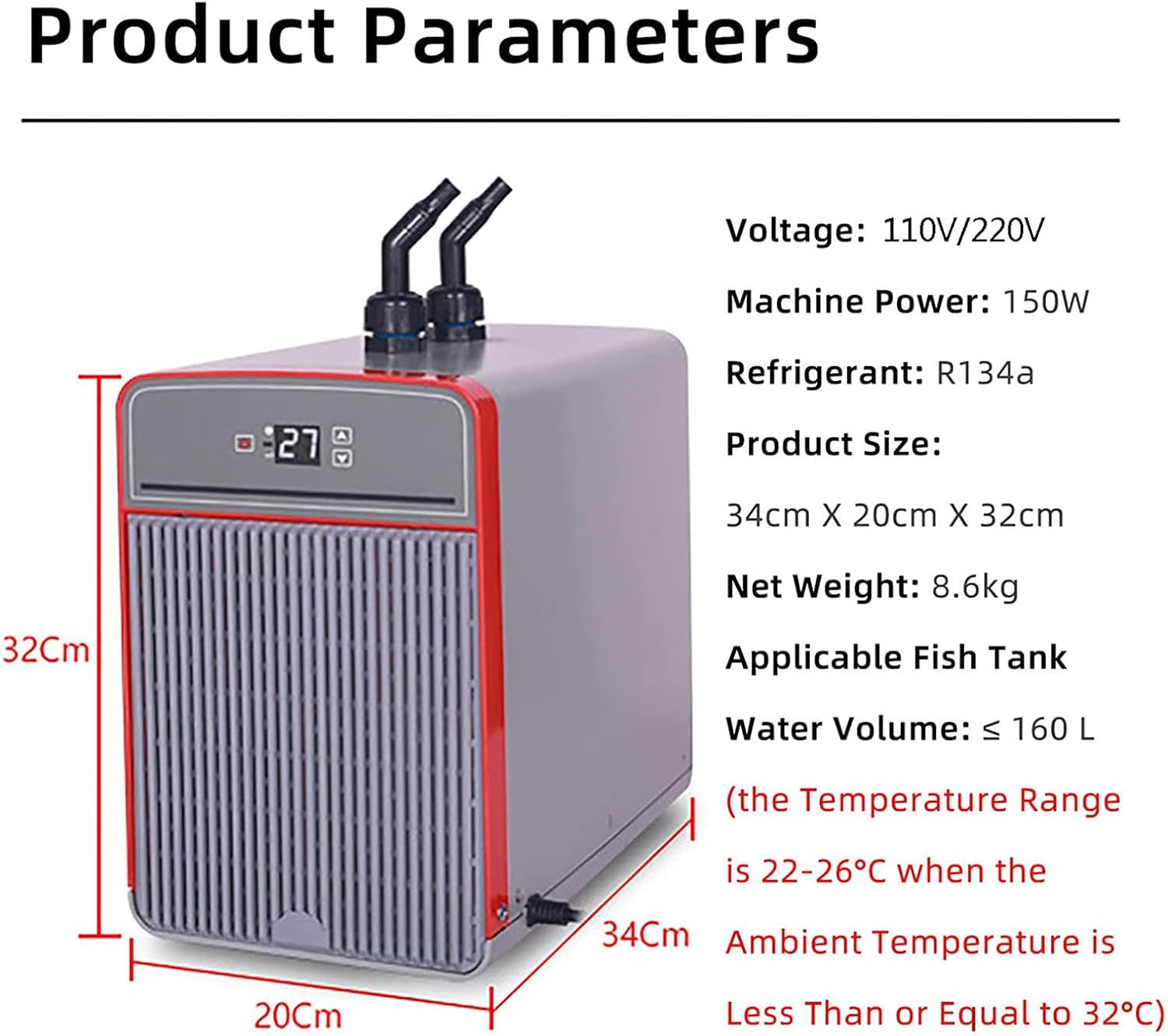 150W Aquarium Chiller, 160L Water Chillers, Hydroponic Cooler Fish Tank Cooling System for Axolotl Coral Reef Shrimp Freshwater Saltwater Plant