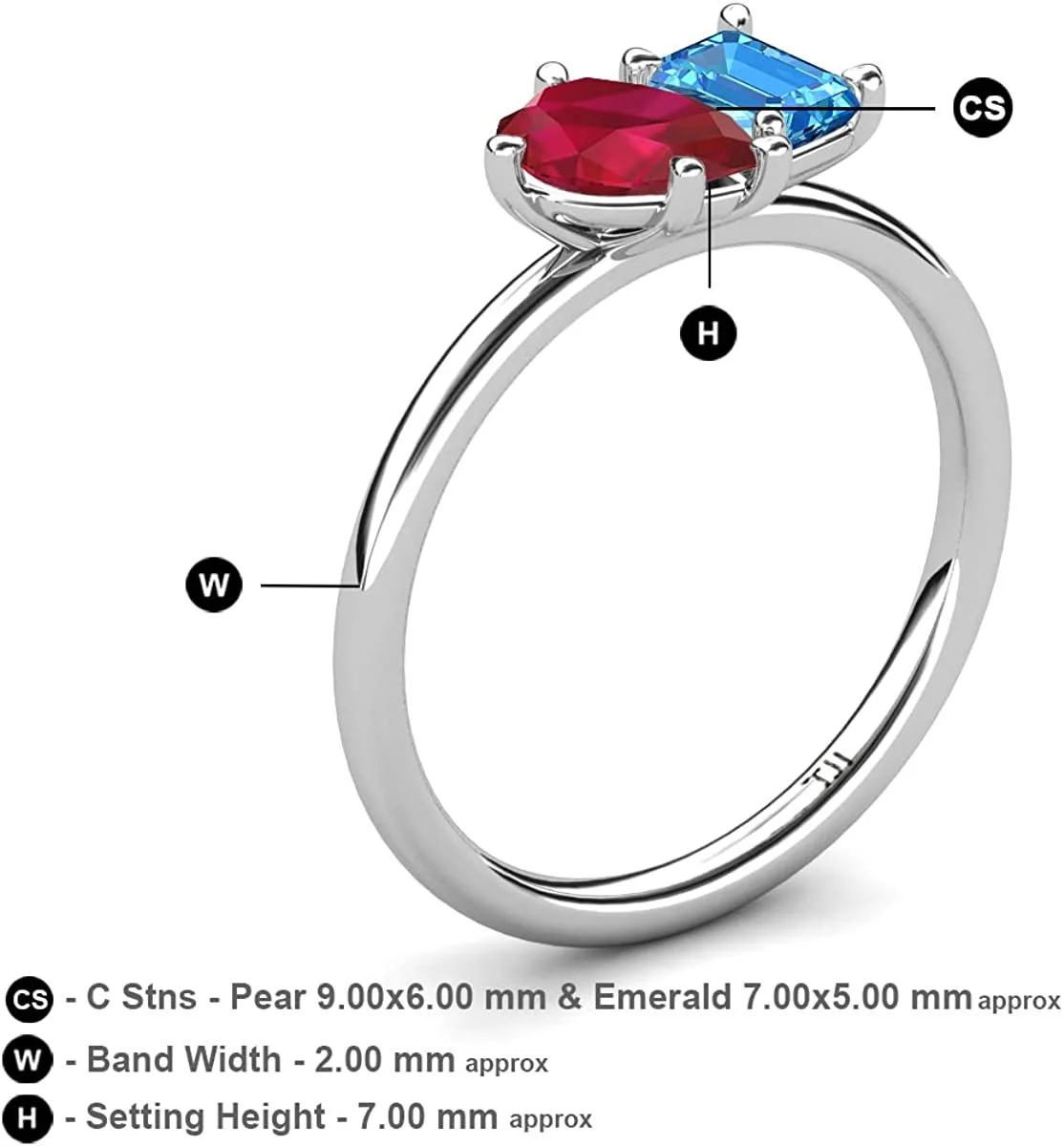Pear Lab Created Ruby & Emerald Cut Blue Topaz 2 7/8 ctw Four Prong Women 2 Stone Duo Engagement Ring 14K Yellow Gold-8.0