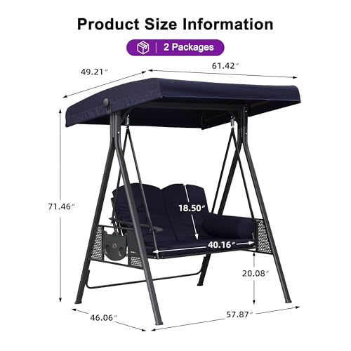 PURPLE LEAF Outdoor Patio Porch Swing with Adjustable PVC Canopy, 3-seat Swing Chair Bench with Side Cup Holder for Backyard Front Porch Lawn