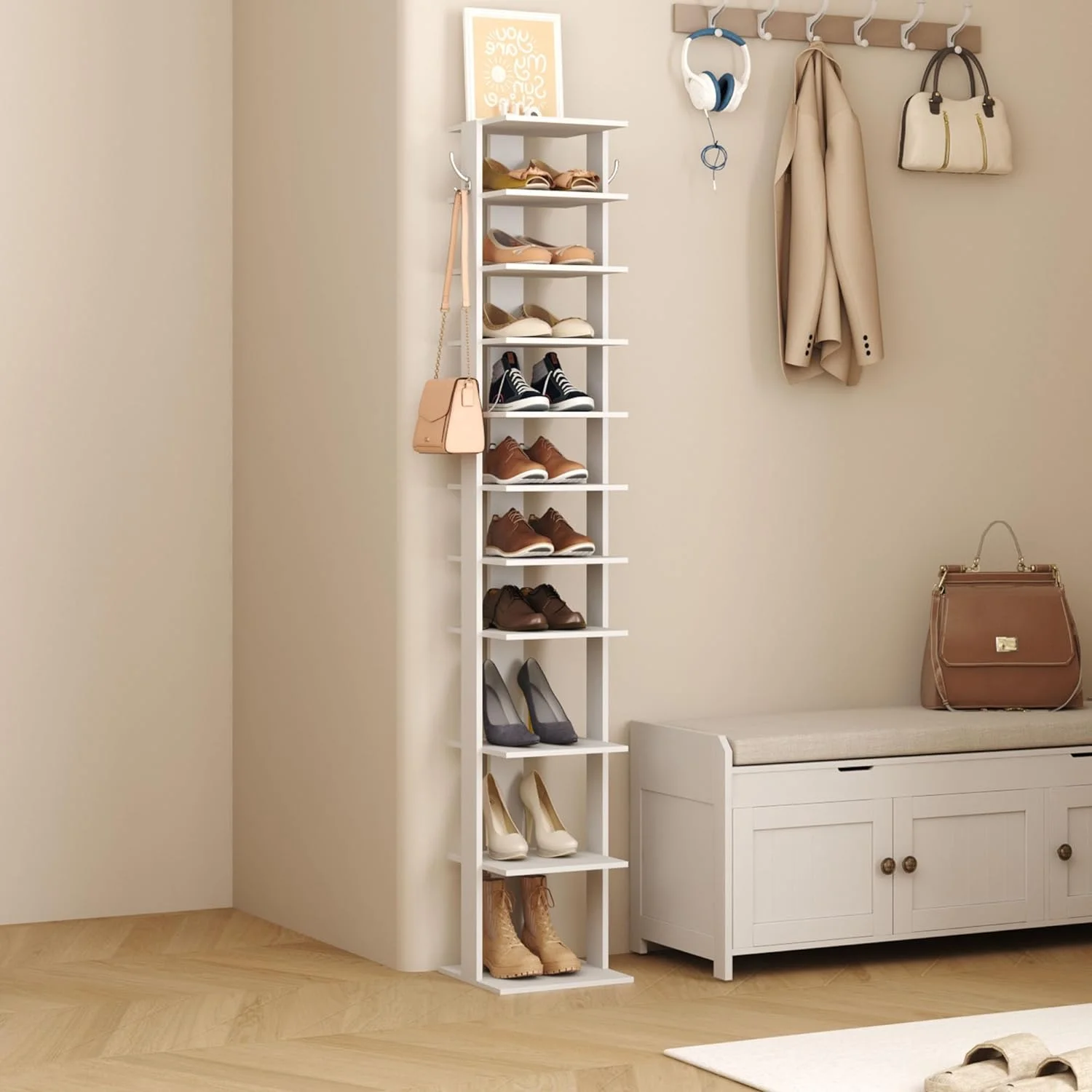 LIHONG 10-Tier Vertical Shoe Rack, Corner Shoe Tower, Slim Shoe Organizer with Two Hanging Hooks, Wooden Shoe Storage Stand for Entryway, Hallway