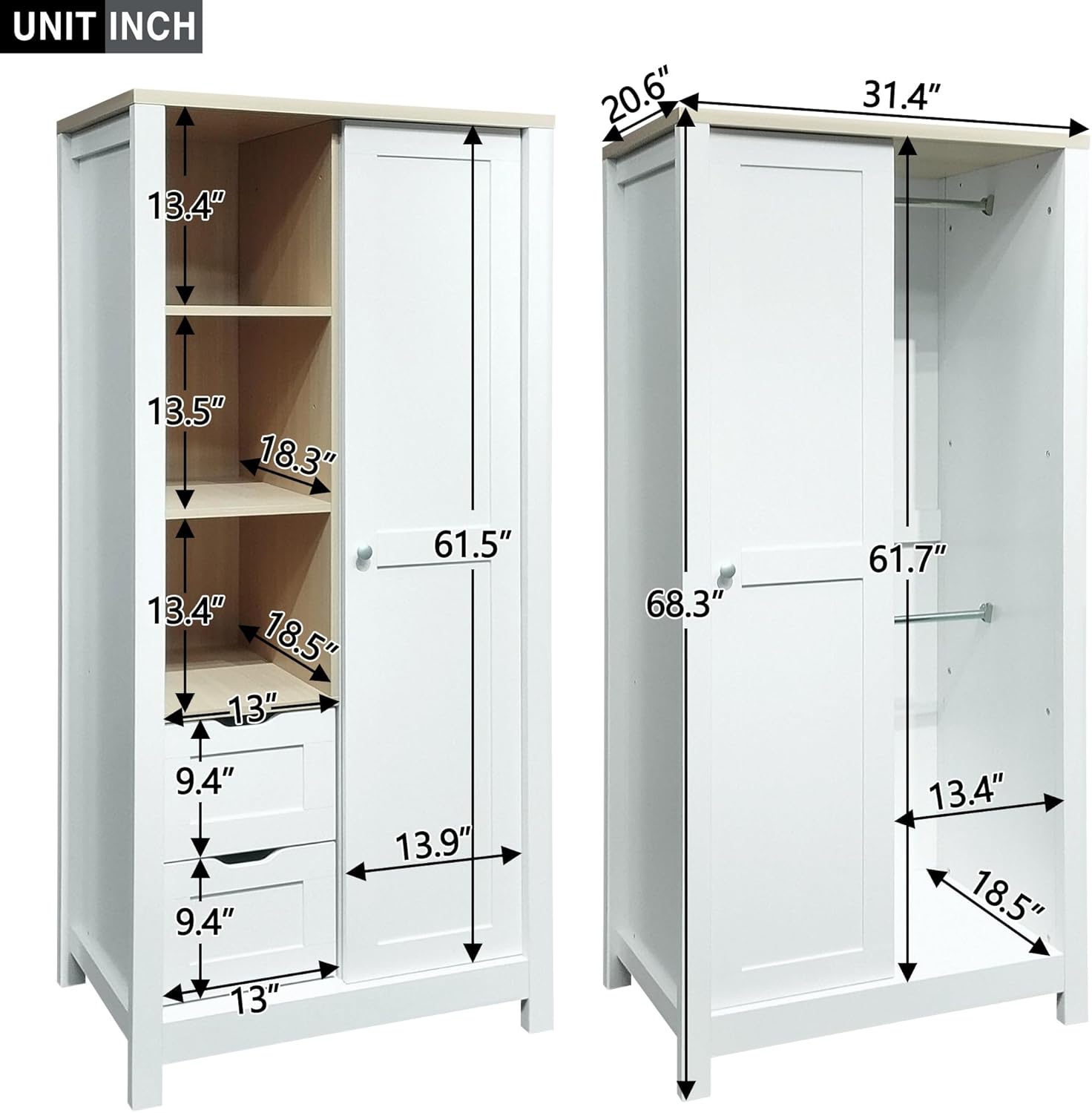 Armoire Wardrobe 1 Sliding Door and 2 Drawers, Clothes Cabinet with Hanging Rod, Freestanding Wooden Closets Organization for Bedroom