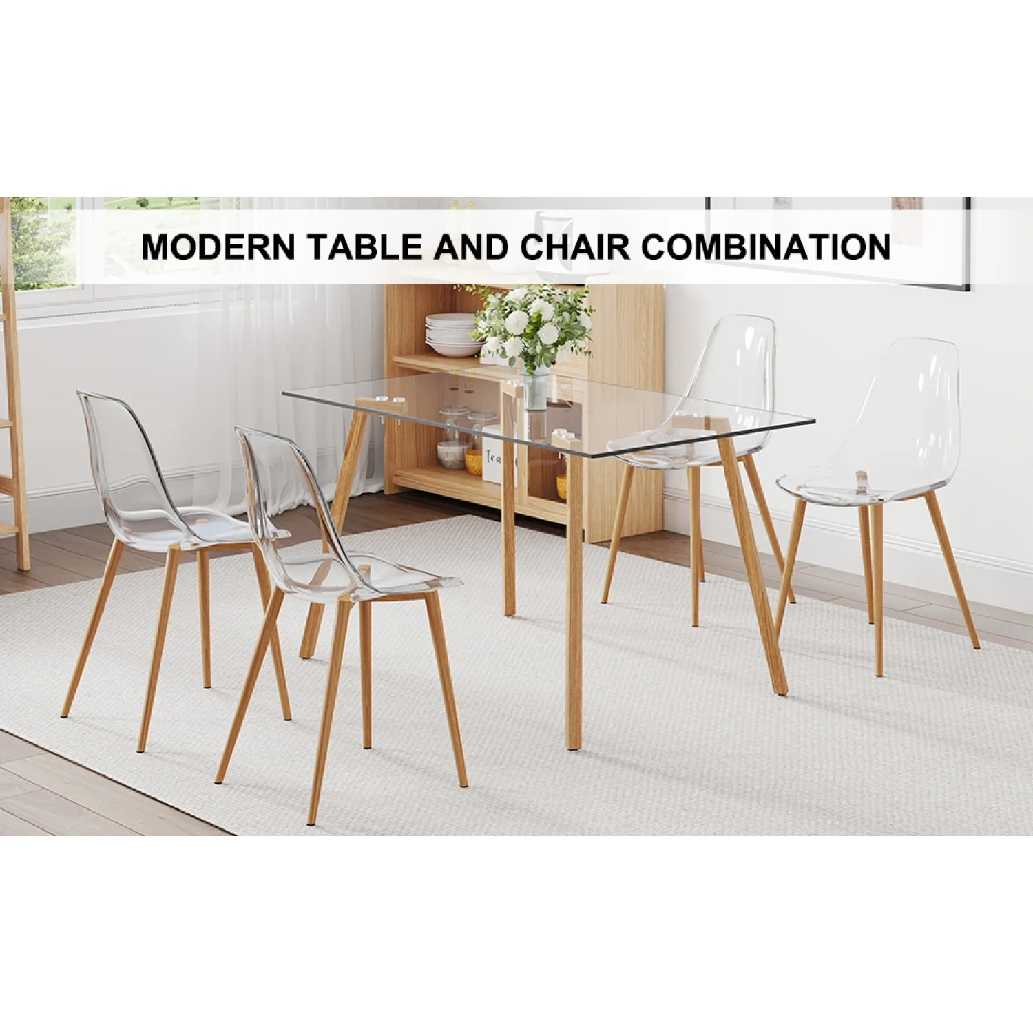 Holaki 1 Table and 4 Chairs Set. Glass Dining Table, 0.31 "Tempered Glass Tabletop and Wood Grain Metal Table Legs . Table Size: 47" W x 31"D x 30" H