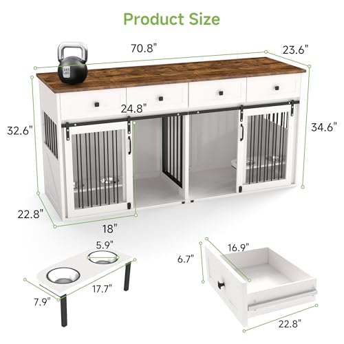 Real Relax 71" Double Dog Crate Furniture, Large Wooden Dog Kennel Furniture with 2 Drawers, Divider and Sliding Door