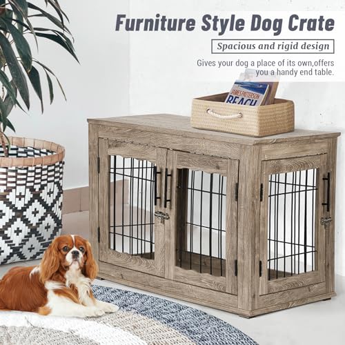Dog Crate Furniture, 32 inch Medium Dog Crates with Bed Mat, Wooden Dog Kennel Furniture, End Side Table Dog Cage with 3 Doors, Greige