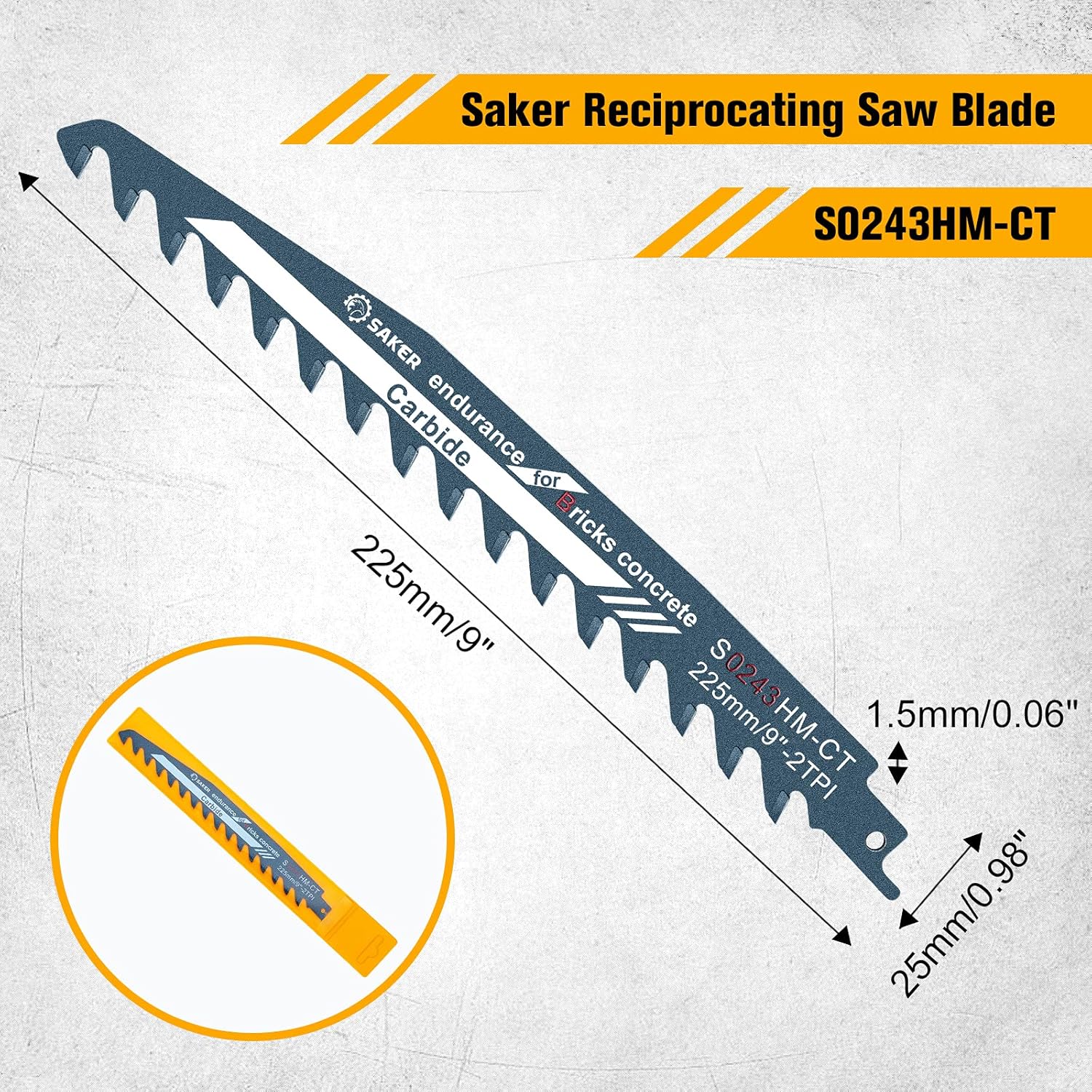 Saker Saw Blade-Demolition Masonry Reciprocating Hard Alloy Saw Blades for Cutting Wood,Porous Concrete,Brick 9”/225mm Pack of 2