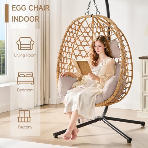 Egg Chair with Stand, Wicker Rattan Swing Hammock Chair with Fine Lace & Cushion, Hanging Chair with Double Chains