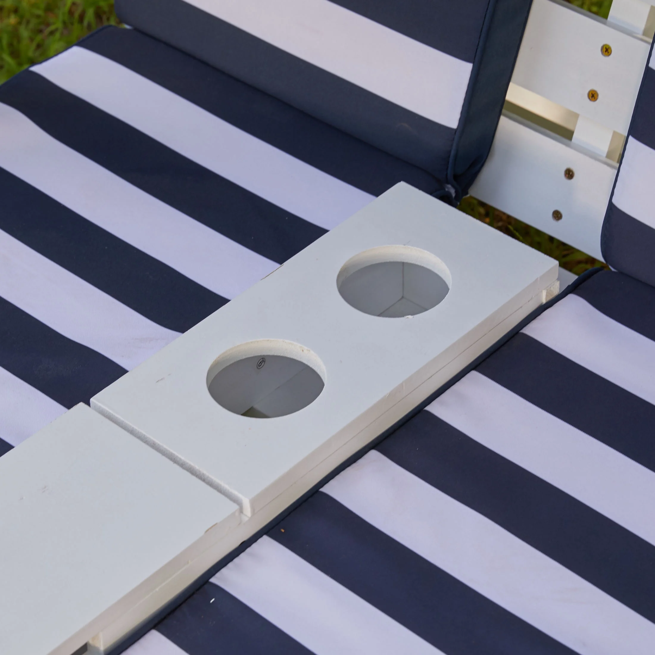 KidKraft Wooden Outdoor Double Chaise Lounge with Cup Holders, White with Navy and White Stripes
