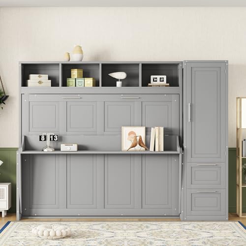 Harper & Bright Designs Queen Size Murphy Bed Wall Bed with Closet and Storage Drawers