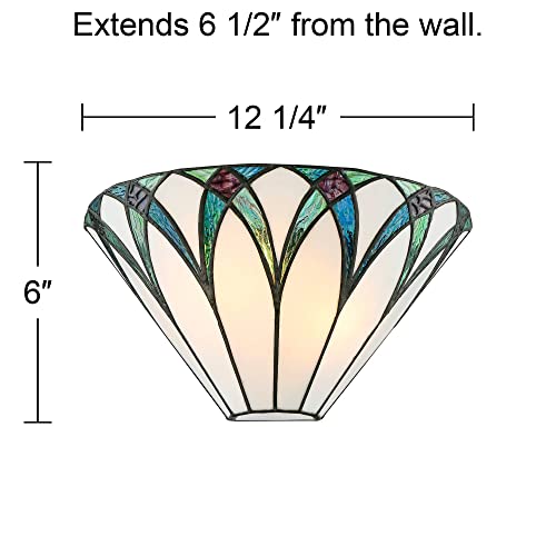Regency Hill Filton Tiffany Style Wall Light Sconce Bronze Hardwired 12 1/4" Wide Fixture Blue White Stained Art Glass Shade for Bedroom Bathroom