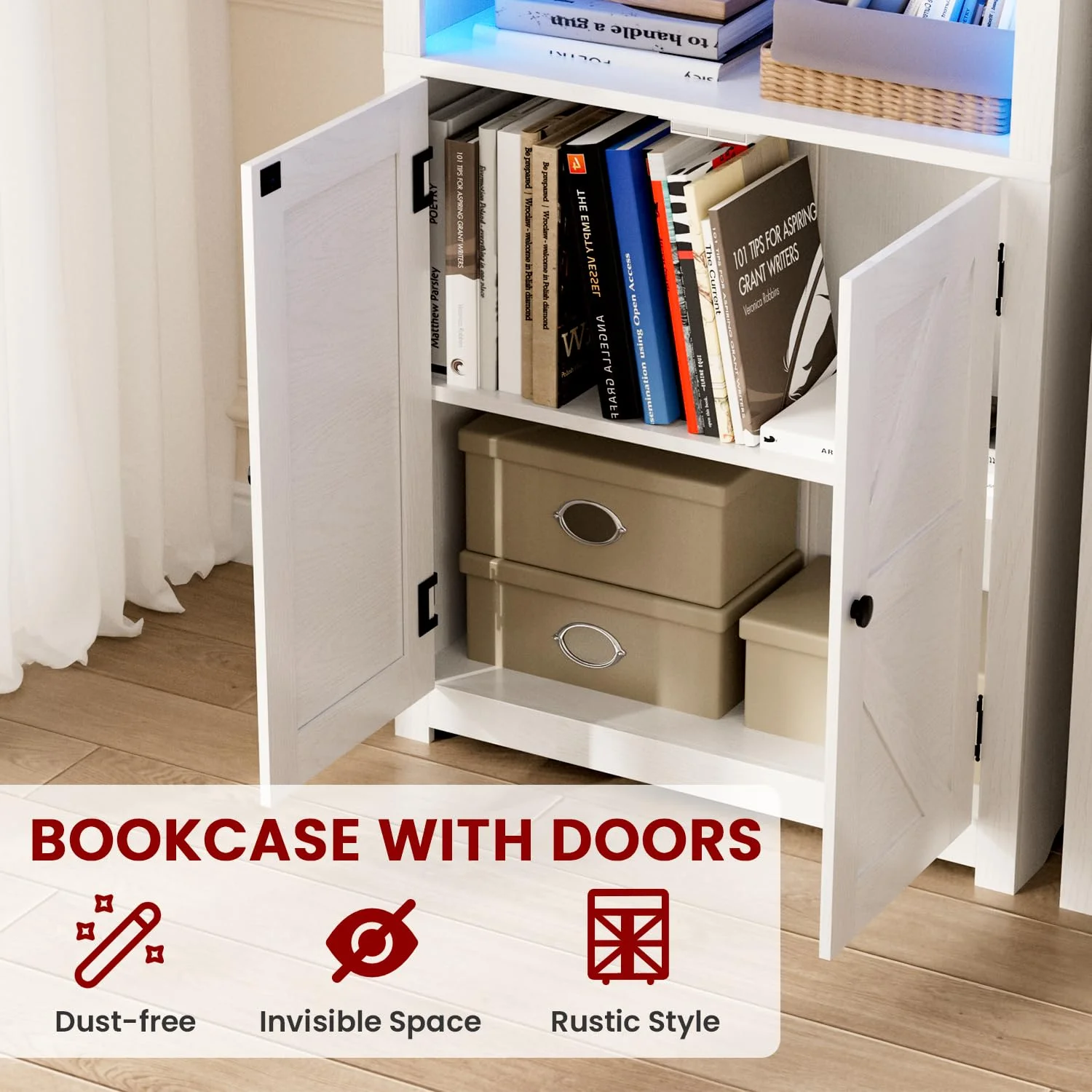 LGHM Bookshelf with LED Light Strip, 70" Tall Sturdy Wood 5-Shelf Bookcase with Adjustable Tempered Glass Shelves, Doors for Home Office, Living Room