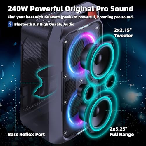 Portable Bluetooth Speaker: 240W Peak Powerful Loud Sound Deep Bass Wireless Boombox Large Subwoofer 15 Hours Battery Life Fast Charging with Led