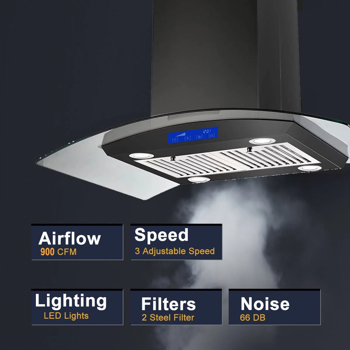Tieasy Range Hood 36 inch Island Mount Range Hood 900 CFM Kitchen Digital Panel 3-Speed
