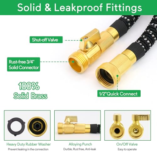 Expandable Garden Hose 100 ft, Upgraded Flexible Water Hose 100ft with 10 Function Spray Nozzle, 3/4" Leakpoof Solid Brass Fittings