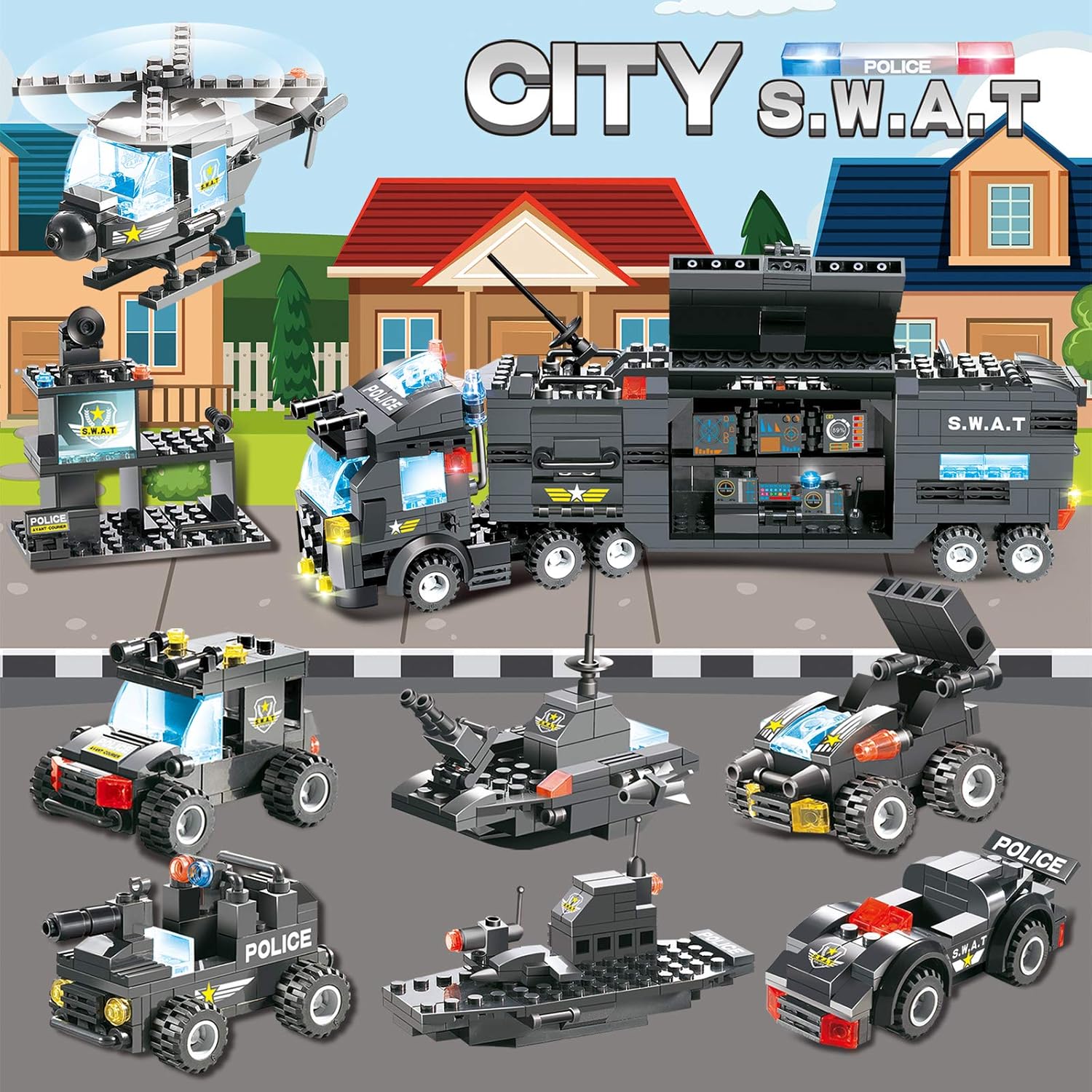 1110 PCS SWAT City Police Station Mobile Command Center Truck Car Building Blocks Set in 25 Different Models Police Cars, Helicopter, Boat