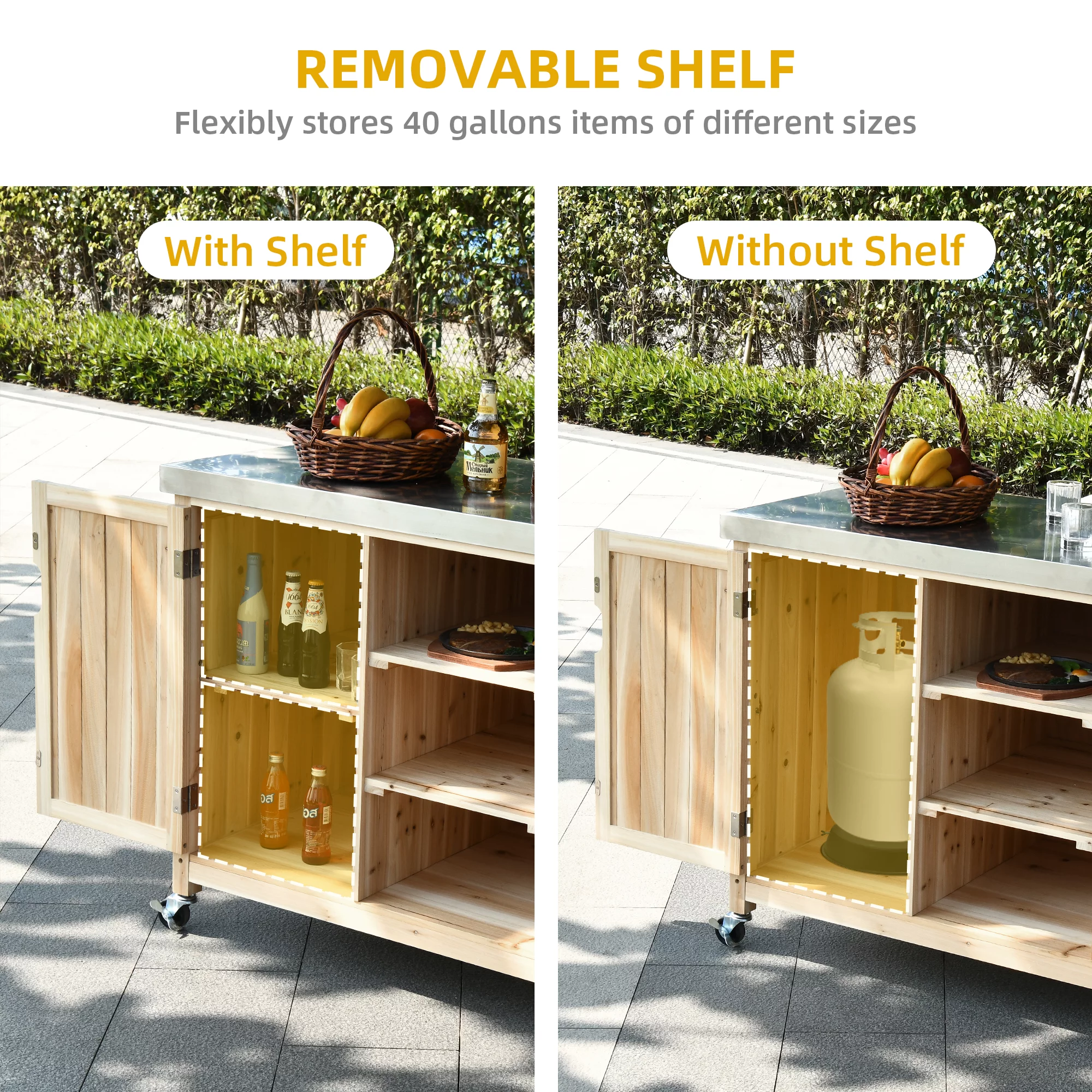 DWVO Outdoor Table and Storage Cabinet Solid Wood Movable Grill Table with Stainless Steel Top for Outside Patio Kitchen Island or Bar Cart