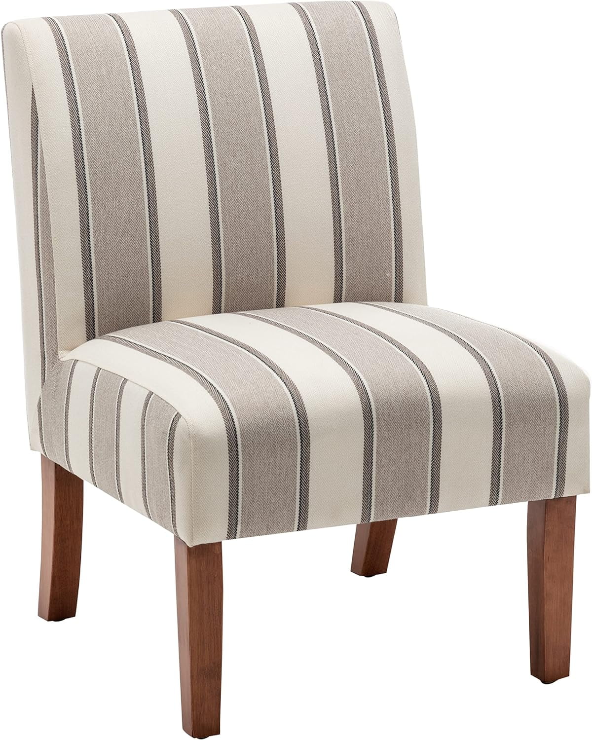 Classic Armless Slipper Accent Chair With Wood Legs, Wide Brown And White Stripe Fabric