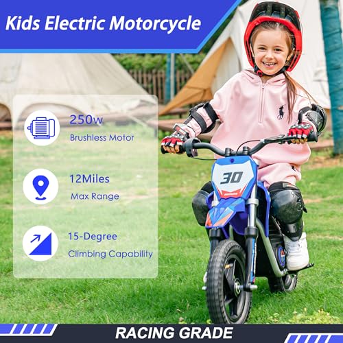 OLALA 36V Electric Dirt Bike for Kids Aged 4-8, Brushless 350W Racing Grade Electric Motorcycle, Up to 18.6MPH & 3 Speed Settings, Dual Disc Brakes