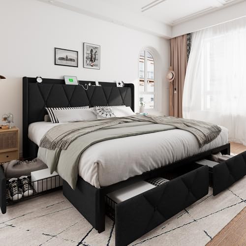 iPormis Queen Bed Frame with 4 Storage Drawers, Upholstered Platform Bed Frame with Charging Station, Modern Wingback Storage Headboard